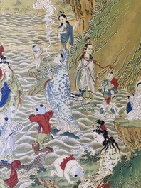 Chinese school, ink and color on canvas: 'Mountainous landscape with goddesses, mythical animals and boys', 19/20th C.